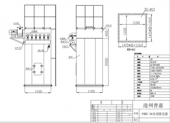 36袋倉頂除塵器過濾面積為29平米、處理風量為1700-2600立方/H、36條直徑130*2000毫米濾袋，長度和寬為1100毫米、高2400毫米，配6臺1寸24伏脈沖閥，凈化效率為、出口含塵濃度≤30毫克/立方米。